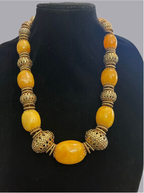 Women's Graziano butterscotch and Gold Beaded Statement Necklace 22”